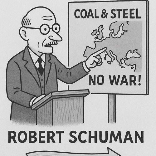 Cartoon of Robert Schuman in 1950 pointing to a map of Europe with 'Coal & Steel ⇒ No War!'