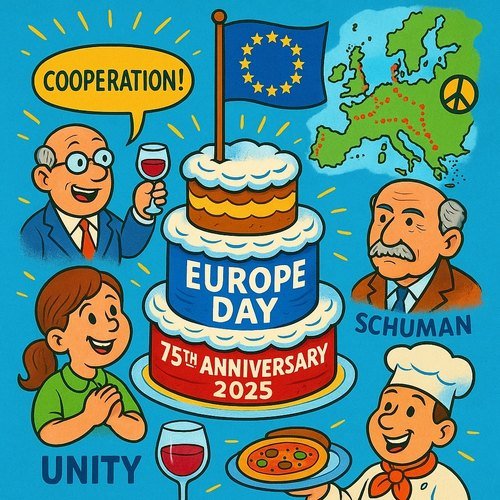 Cartoon of Europe Day celebration with cake, flags, and happy people.