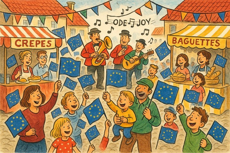 Cartoon of people celebrating Europe Day with flag waving, music, and festivities.