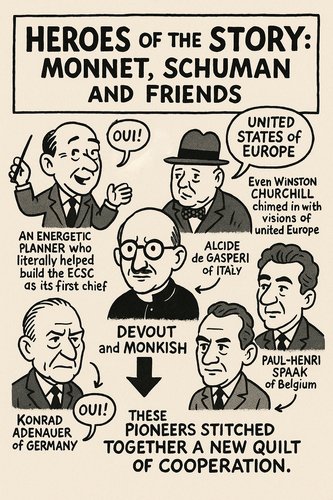 Cartoon portraits of Europe’s founding figures like Monnet, Schuman, Adenauer, and Churchill with symbolic items.