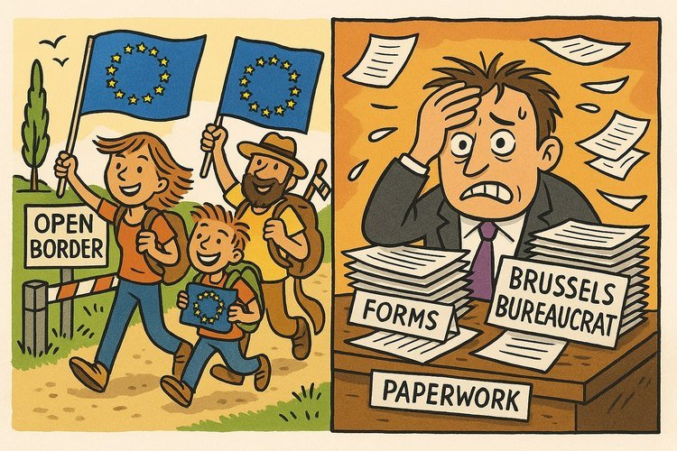 Split cartoon: travelers enjoying open borders vs. overwhelmed EU bureaucrat buried in paperwork.