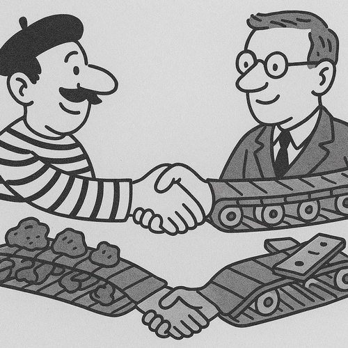 Cartoon of a handshake between a Frenchman and German, their arms transforming into linked conveyor belts of coal and steel.