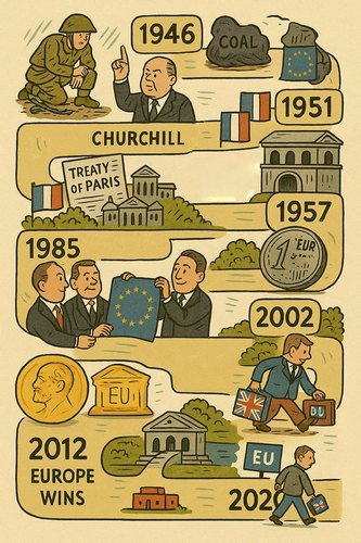 Illustrated timeline showing key milestones in EU history from 1945 to today.