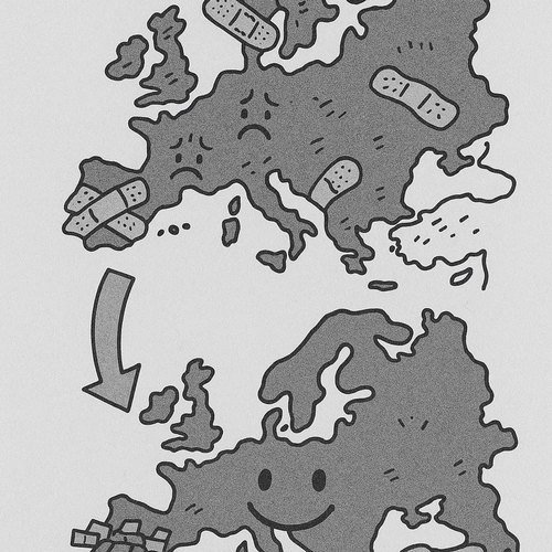 Illustration of post-WWII Europe with bandages and sad faces, transforming into a smiling, rebuilt continent.
