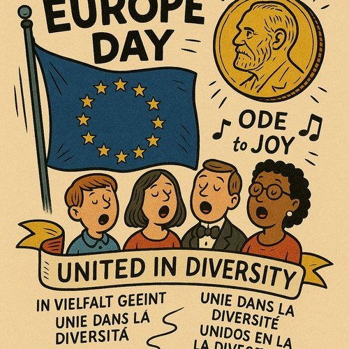 Collage of Europe Day symbols: EU flag, Nobel medal, choir, and 'United in diversity' motto.
