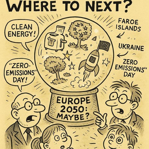 Cartoon of future Europe: green energy, digital tech, and expanding EU.