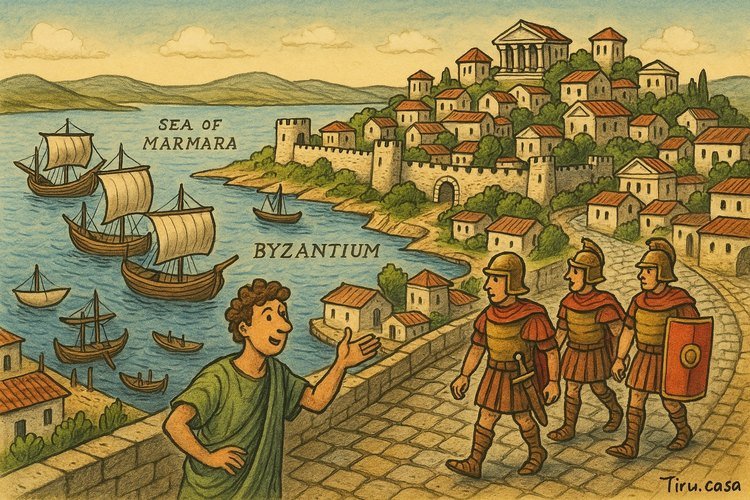 Ancient Byzantium between two seas, bustling with ships, temples, and Roman soldiers.
