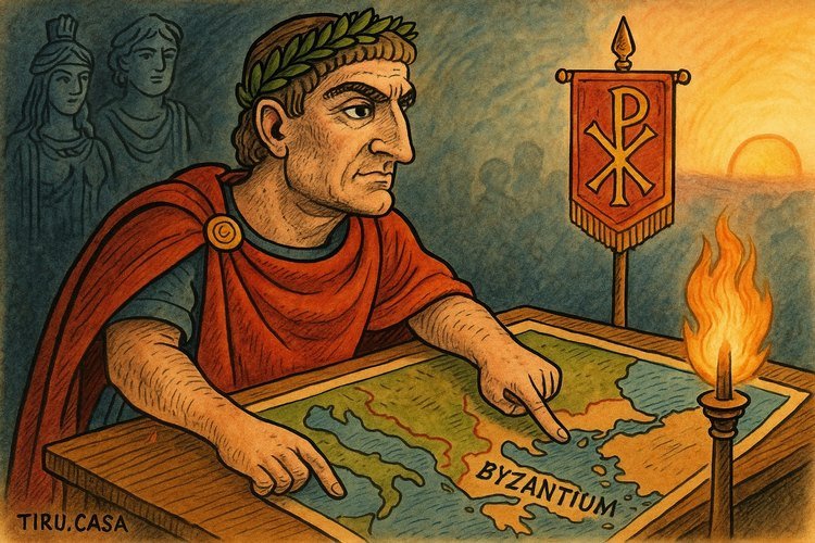 Constantine points at Byzantium on a map, with Christian and Roman symbols around him.
