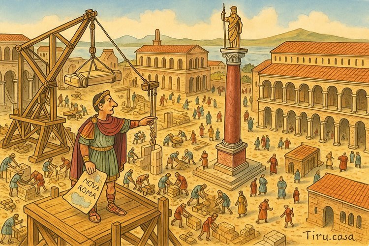 Construction of Nova Roma with cranes, columns, and Constantine overseeing the city rise.