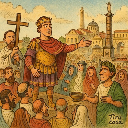 Dedication ceremony with Constantine, clergy, and crowds beside the new city’s monuments.