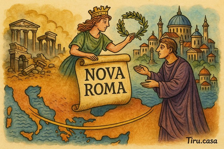 Symbolic handover from Old Rome to New Rome, with Tyche crowning Constantinople.
