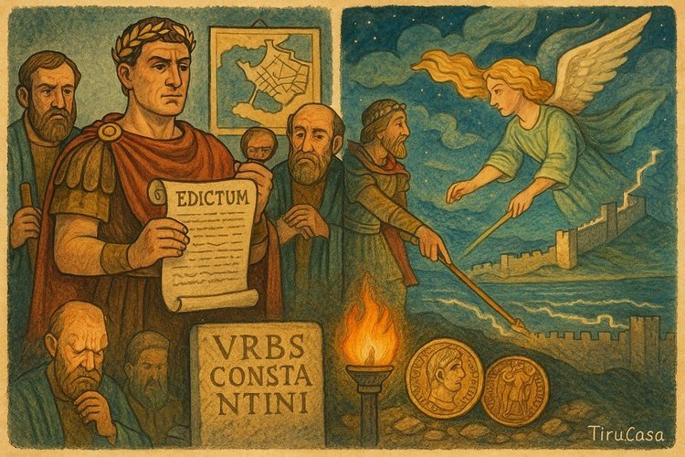 Split scene of Constantine planning and a legend of an angel guiding the city’s walls.