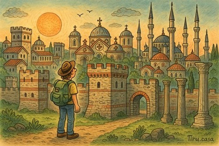 Constantinople evolving through time, ending with a traveler before the ancient walls.