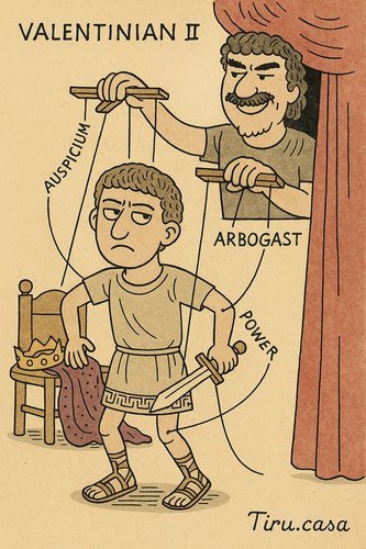 Arbogast puppeteers young Valentinian II, showing his control over the emperor