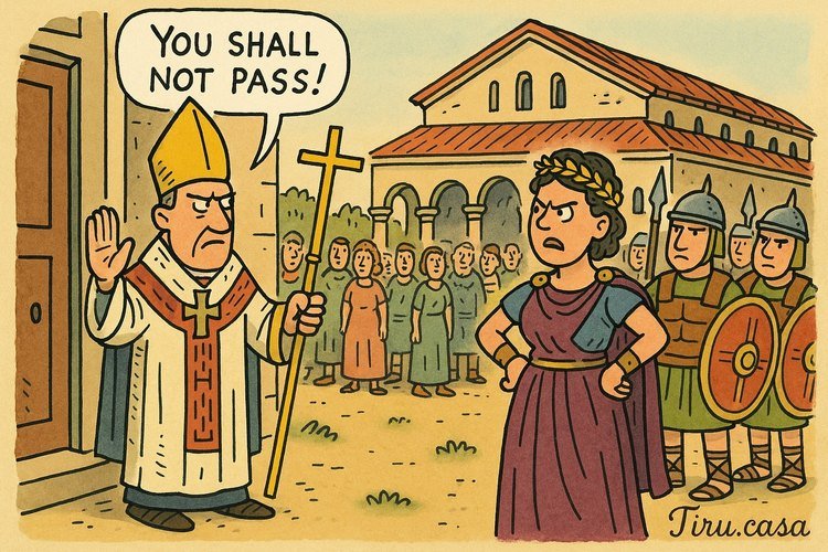 Empress Justina, backed by soldiers, confronts Ambrose as he blocks her from entering the basilica