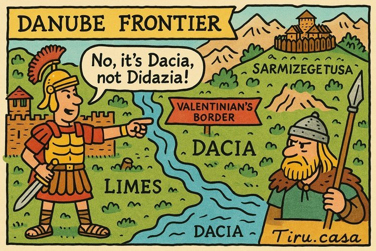 Danube frontier with Roman limes facing a Gothic stronghold in former Dacia, highlighting the contested border during Valentinian II’s era