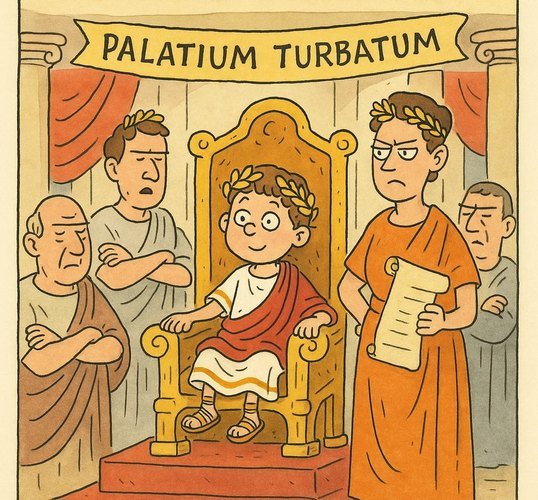 Young emperor overwhelmed by palace chaos. “Palatium Turbatum.”
