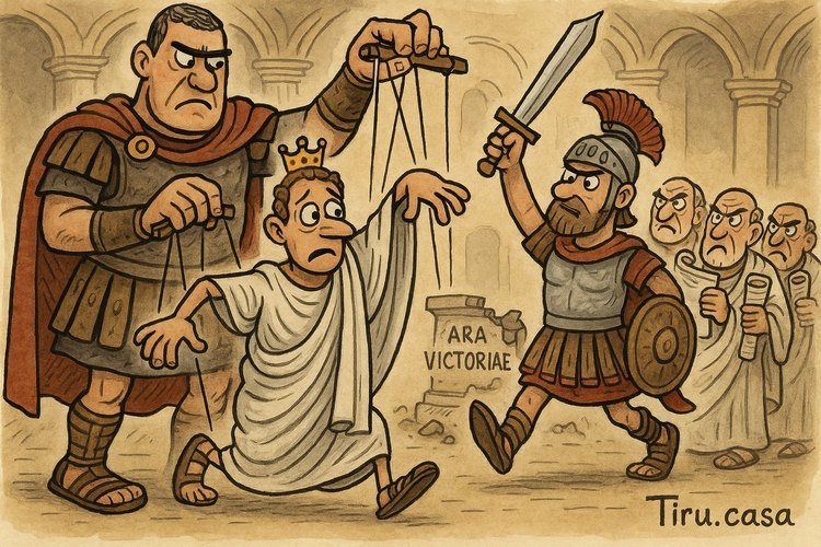 A puppet emperor and his general lose to Theodosius, while senators mourn the lost Altar of Victory.