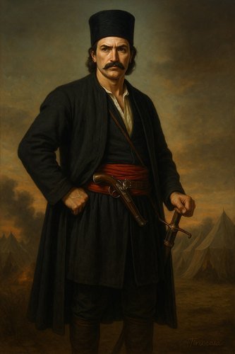 Portrait of Tudor Vladimirescu (by Theodor Aman) in traditional Pandur uniform, tall kalpak hat, holding a sword.